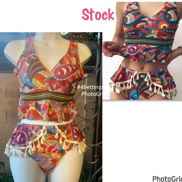 New Tankini Ruffle Colorful Abstract Graphic Boho Print Tassel Swimsuit Medium - Picture 4 of 16